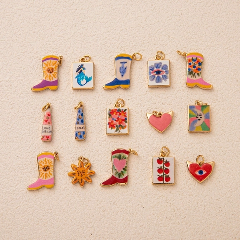 Artistic Copper Painted Pendant DIY Necklace Colorful Heart Mermaid Boots Eye Jewelry Making Accessory For Women