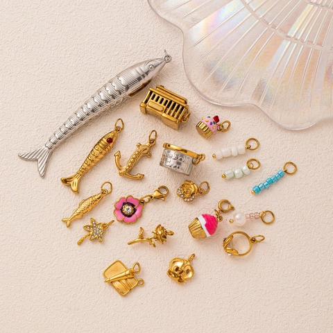 Vintage Stainless Steel 18K Gold Plated Fish Anchor Cupcake Pendant Necklace Rhinestone Artificial Pearl DIY Jewelry Accessory For Women Men