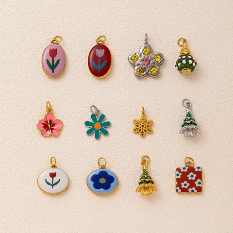 Collier Pendentif Fleur en Acier Inoxydable Vintage Émaillé pour Femme Plaqué Or Étoile Sapin de Noël Bijoux DIY