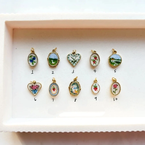 Hand Painted Enamel Copper Pendant Pastoral Style Vintage Strawberry Rose Duck Floral Charm For DIY Jewelry Making