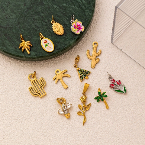 Collier Pendentif Rose Cactus Tulipe en Acier Inoxydable pour Femme Émail Strass Perle Artificielle Bijoux de Mode Cadeau