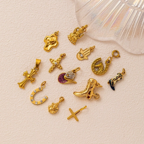 Stainless Steel Horseshoe Cowboy Boot Cross Pendant Necklace Gold Plated 18K Rhinestone Vintage DIY Jewelry Charms For Women Men