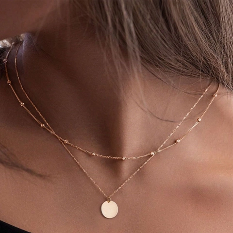 Minimalist Double Layer Round Disc Pendant Necklace Women Zinc Alloy Gold Silver Plated Beaded Chain Clavicle Necklace
