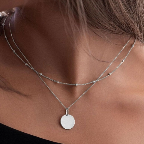 Minimalist Double Layer Round Disc Pendant Necklace Women Zinc Alloy Gold Silver Plated Beaded Chain Clavicle Necklace