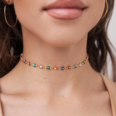 Collana Girocollo Bohemien in Lega di Zinco Malocchio Turco per Donna Perline di Smalto Colorato Gioielli Placcati in Oro Argento