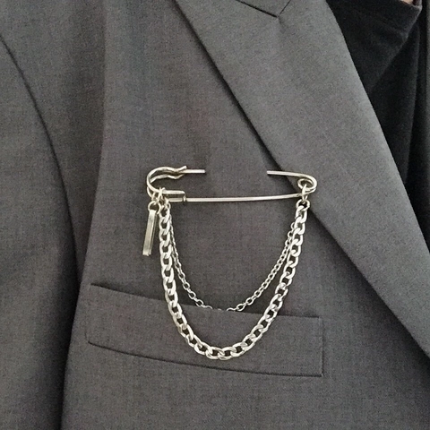 Vintage Punk Zinklegierung Sicherheitsnadel Brosche Mit Doppelten Metallketten Altsilber Hip Hop Streetwear Mode Schmuck Zubehör