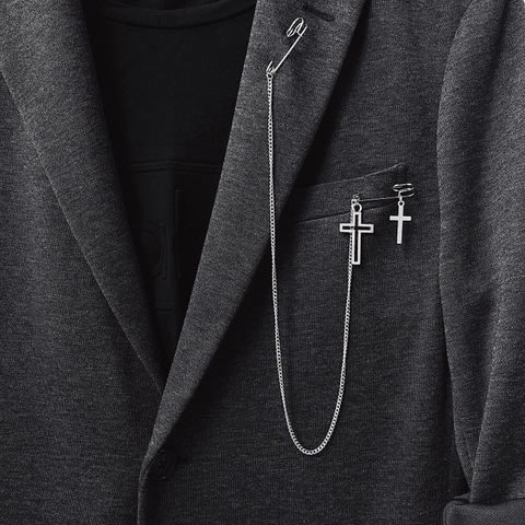Spilla a Catena in Lega di Zinco Argento Punk Gothic Con Pendenti a Doppia Croce e Spille da Balia Per Uomo Donna Gioielli