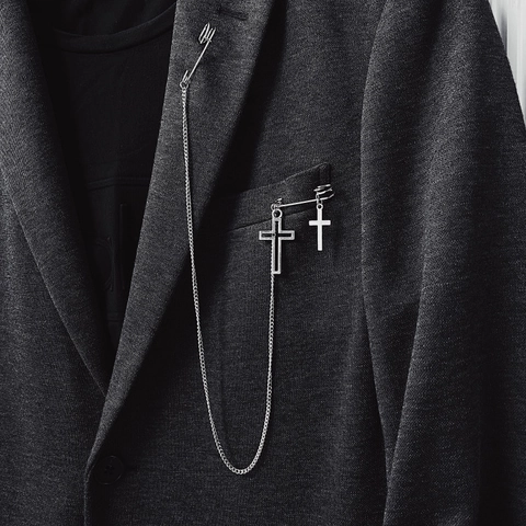 Spilla a Catena in Lega di Zinco Argento Punk Gothic Con Pendenti a Doppia Croce e Spille da Balia Per Uomo Donna Gioielli