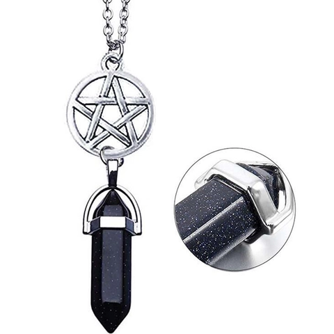 Boho Mehrlagige Zinklegierung Kristallpunkt Halskette Sechseckige Säule Mond Stern Sonne Lotus Anhänger Kropfkette Schmuck Damen