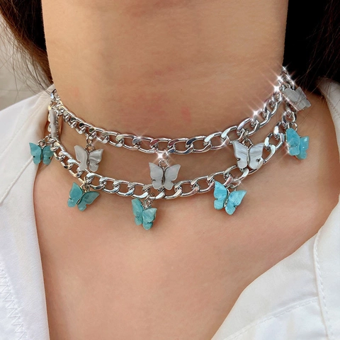 Y2K Mode Acryl Schmetterling Anhänger Halskette Für Damen Legierung Grobe Kette Street Style Choker Schmuck Geschenk