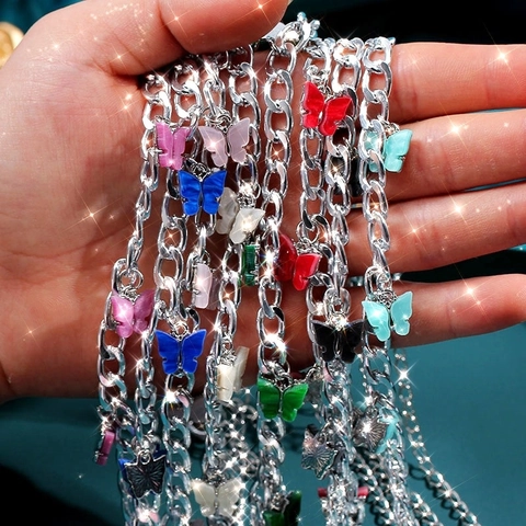 Y2K Mode Acryl Schmetterling Anhänger Halskette Für Damen Legierung Grobe Kette Street Style Choker Schmuck Geschenk