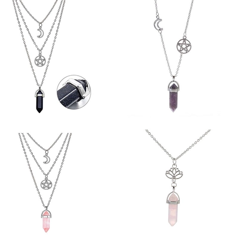 Boho Mehrlagige Zinklegierung Kristallpunkt Halskette Sechseckige Säule Mond Stern Sonne Lotus Anhänger Kropfkette Schmuck Damen