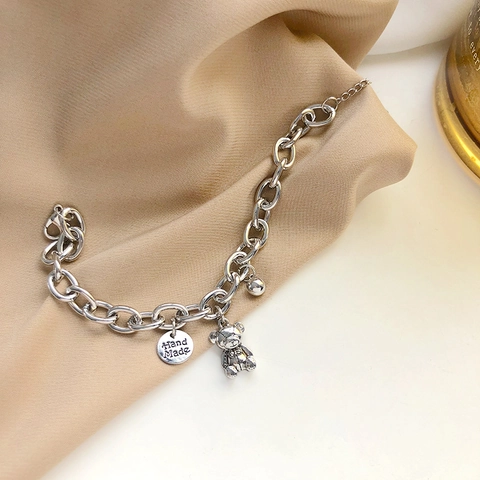 Retro Bärenanhänger Armband Für Damen Zinklegierung Grobe Kette Mit Hand Made Tag Silber Ton Mode Schmuck Geschenk