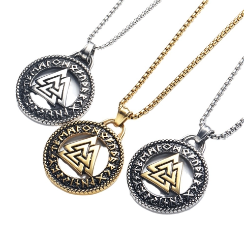 Stainless Steel Viking Valknut Pendant Necklace For Men Retro Norse Rune Symbol Round Geometric Hip Hop Jewelry Gift