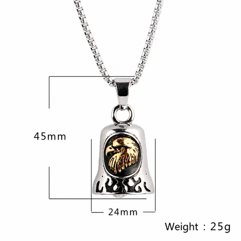 Vintage Stainless Steel Eagle Bell Pendant Necklace For Men Biker Hip Hop Jewelry Distressed Silver Gold Tone Guardian Bell Pendant