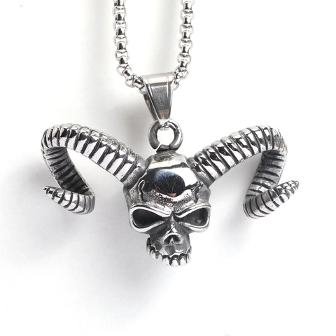 Collana con Pendente a Forma di Teschio con Corna di Ariete in Acciaio Inossidabile Punk Gothic per Uomo Vintage Lucidato Biker Hip Hop