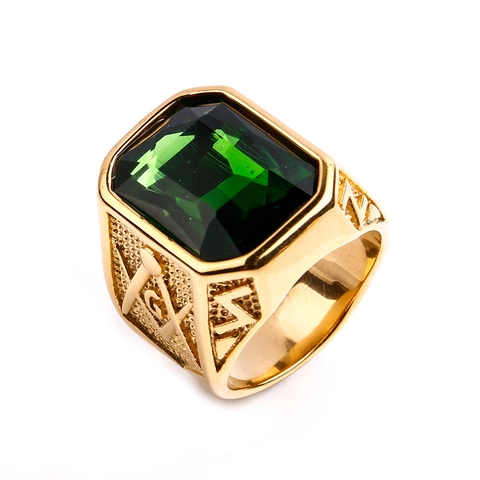 Men Masonic Ring Titanium Stainless Steel Gold Plated Rectangular Blue Red Green Black Gemstone Vintage Signet Jewelry