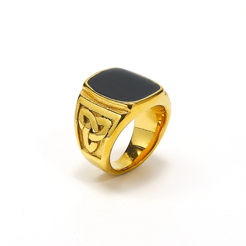 Anello con Sigillo in Acciaio Inossidabile con Nodo Celtico Vichingo per Uomo Smalto Nero Retrò Stile Punk Nordico Gioielli