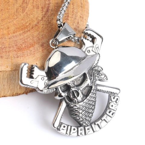Retro Stainless Steel Skull Pipefitter Pendant Necklace For Men Industrial Punk Hard Hat Wrench Tool Jewelry Pipefitters Gift