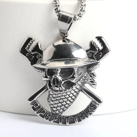 Retro Stainless Steel Skull Pipefitter Pendant Necklace For Men Industrial Punk Hard Hat Wrench Tool Jewelry Pipefitters Gift