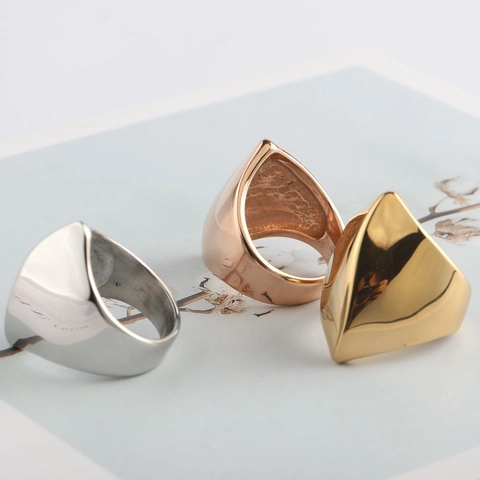 French Style Stainless Steel Geometric Triangle Ring For Women Minimalist Irregular Wide Finger Ring Gold Silver Rose Gold