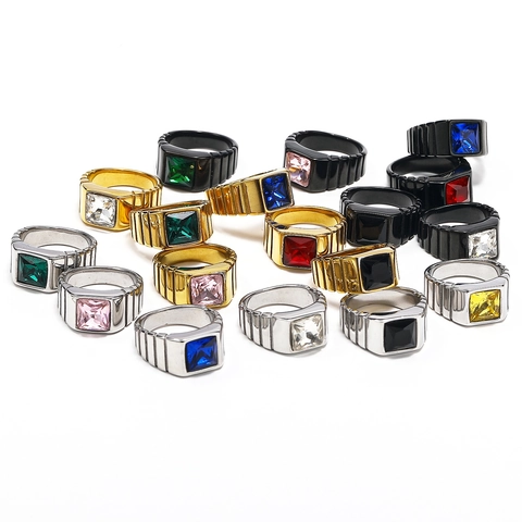 Bague en Acier Titane Strass Carré Style Industriel Vintage pour Hommes Femmes Texture Rainurée Bijoux de Mode Géométriques