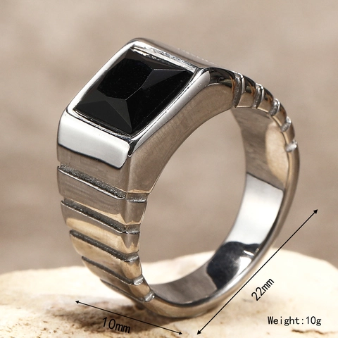 Bague en Acier Titane Strass Carré Style Industriel Vintage pour Hommes Femmes Texture Rainurée Bijoux de Mode Géométriques
