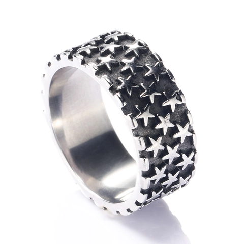 Vintage Titanium Steel Embossed Star Band Ring For Men Punk Rock Distressed Polished Broad Finger Ring Personalized Starry Jewelry Gift