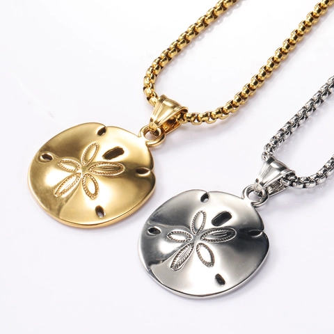 Stainless Steel Sand Dollar Pendant Necklace For Women Men Hip Hop Marine Style Mirror Polished Hollow Out Jewelry Gift