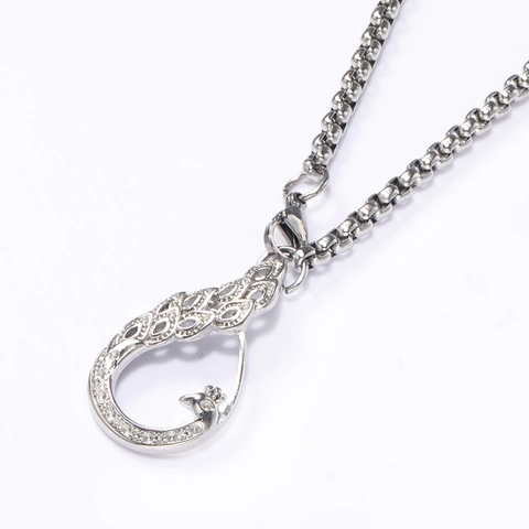 Fashion Peacock Phoenix Stainless Steel Pendant Necklace Rhinestone Inlaid Hollow Animal Jewelry For Women Daily Party Accessory