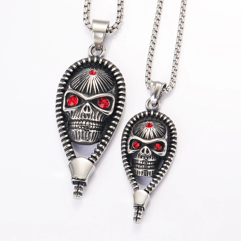 Collar de Colgante de Calavera Punk Vintage para Hombres Mujeres Acero Inoxidable Ojo de Diamante Rojo Joyería Gótica Halloween