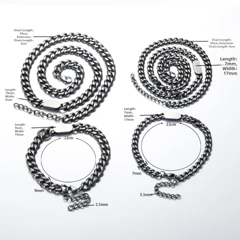 Hip Hop Titanium Steel Cuban Link Necklace Bracelet Set For Men Punk Geometric ID Tag Chain Jewelry Gold Silver Black