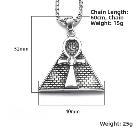 Hip Hop Ancient Egyptian Ankh Cross Pyramid Pendant Necklace For Men Titanium Steel Rhinestone Inlaid Retro Punk Jewelry