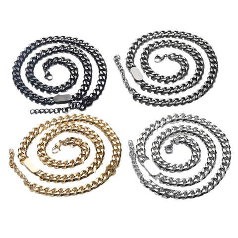 Hip Hop Titanium Steel Cuban Link Necklace Bracelet Set For Men Punk Geometric ID Tag Chain Jewelry Gold Silver Black