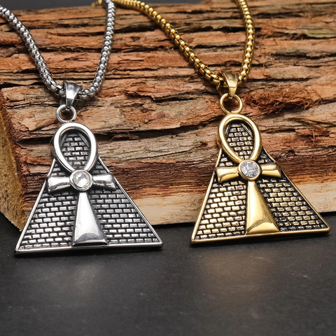 Hip Hop Ancient Egyptian Ankh Cross Pyramid Pendant Necklace For Men Titanium Steel Rhinestone Inlaid Retro Punk Jewelry