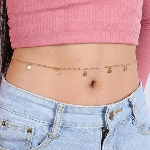 Catena da Vita Sexy Minimalista in Lega per Donna Oro Argento Paillettes Disco Rotondo Nappina Catena da Pancia Gioielli Corpo Regolabili