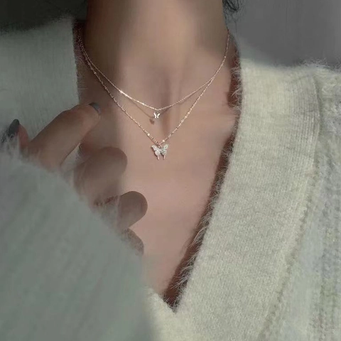 Parure Collier Double Couche Papillon Alliage de Zinc Pendentif en Strass Boucles d'Oreilles Bijoux Cadeau Femme