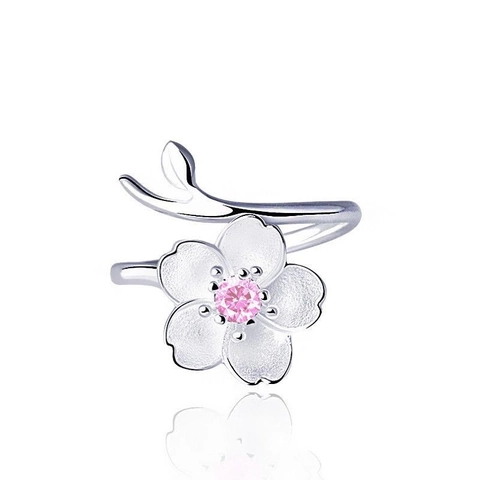 Elegant Zinc Alloy Pink Rhinestone Cherry Blossom Adjustable Open Ring For Women Minimalist Sakura Leaf Branch Fashion Jewelry