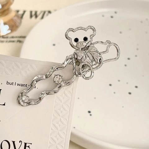 Silber Zinklegierung Hohle Bär Haarspange Mit Strass Schleife Süß Ins Stil Entenschnabel Seitenclip Für Damen Haarschmuck