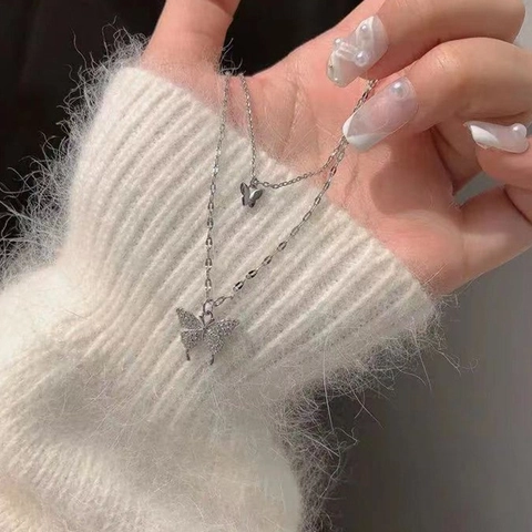 Parure Collier Double Couche Papillon Alliage de Zinc Pendentif en Strass Boucles d'Oreilles Bijoux Cadeau Femme