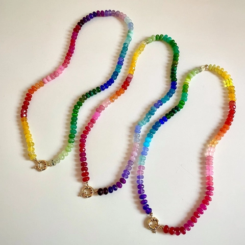 Rainbow Beaded Stainless Steel Necklace For Women ins Style Dopamine Colorful Gradient Artificial Stone Bead DIY Pendant Necklace Jewelry