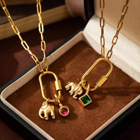 Stainless Steel Elephant Pendant Necklace 18K Gold Plated Paperclip Chain With Zirconia For Women Fashion Jewelry