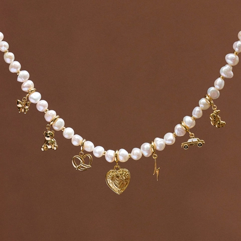 Collana Fashion in Acciaio Inossidabile con Ciondoli per Uomo Donna Placcata Oro 18K Perla Artificiale Cuore Orso DIY Gioielli