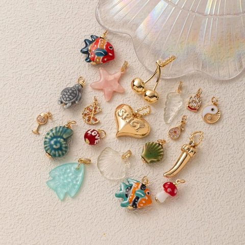 DIY Mode Verguld Koperen Hangers Sieraden Maken Kers Vis Paddestoel Hart Strass Charms Vrouwen Hanger Ketting