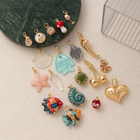 DIY Mode Verguld Koperen Hangers Sieraden Maken Kers Vis Paddestoel Hart Strass Charms Vrouwen Hanger Ketting