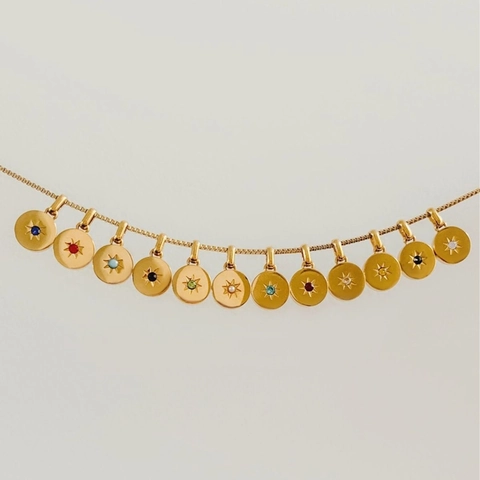 Stainless Steel Sunburst Birthstone Pendant Necklace 18K Gold Plated Zirconia Round Charm Necklace For Women Fashion Jewelry