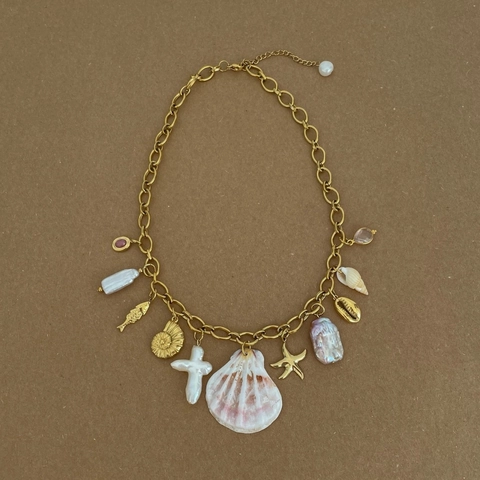 Collier en Acier Titane Plaqué Or 18K Avec Künstliche Perle Baroque Coquillage Étoile de Mer Pendentif Cœur Bijoux Femme