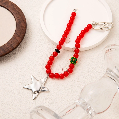 Handmade Red Beaded Chain Large Silver Star Pendant Copper Alloy Accessory For Bag Keychain Women Fashion Jewelry