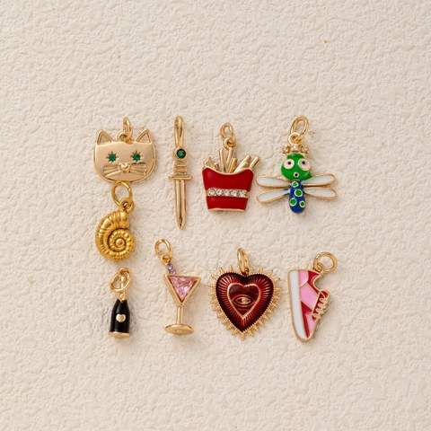 DIY Copper Charm Pendant Enamel Rhinestone Animal Heart Dragonfly Shoe Sword Shape For Jewelry Making Necklace Chain Accessory