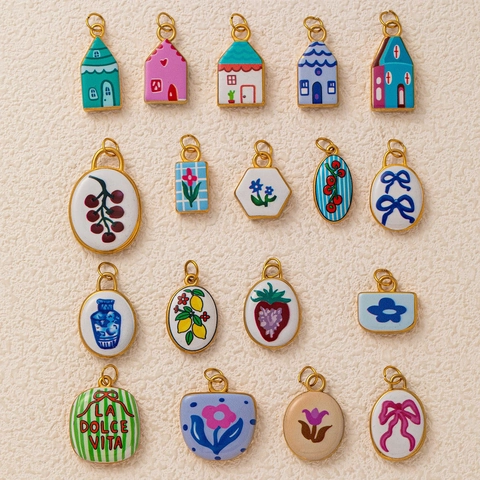 Titanium Stainless Steel Enamel Flower House Fruit Pendant Necklace Handpainted DIY Jewelry Accessories For Women Girls